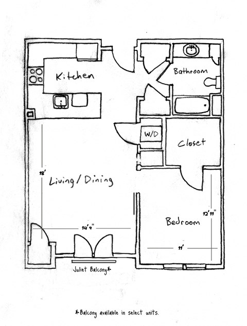 A floor plan of a living/dining room with a kitchen, bathroom, closet, and bedroom.